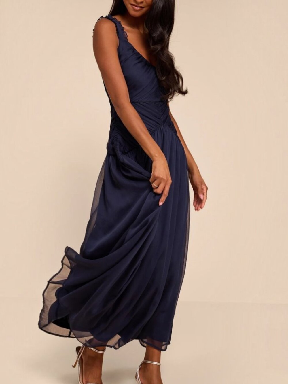 Lulus Laufey Navy Blue Pleated Drop Waist Midi Dress NWT - Picture 2 of 10